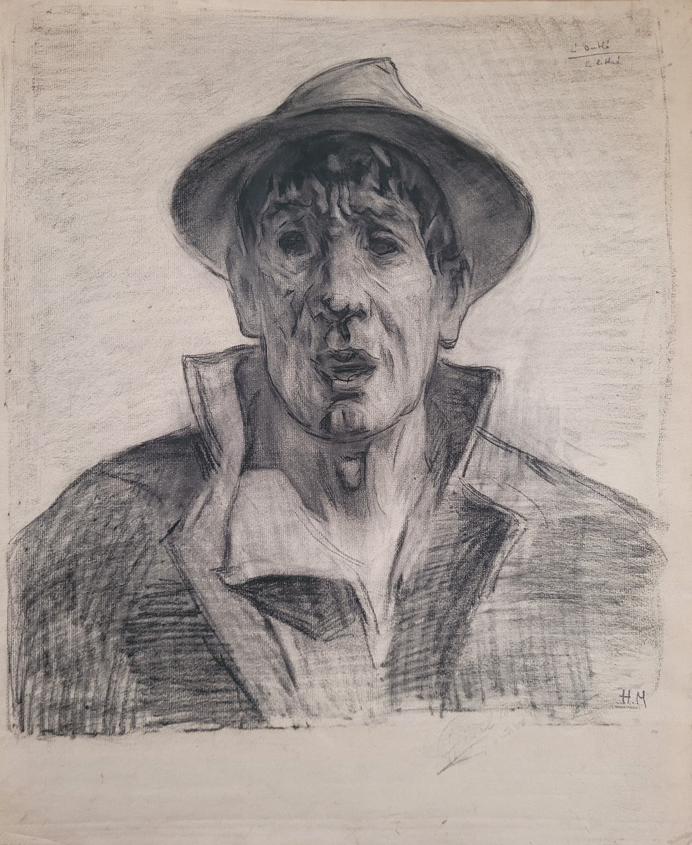 Henri MIRANDE (1877-1955) AUTOPORTRAIT - LE LETTRÉ - GRAND DESSIN AU FUSAIN-photo-2