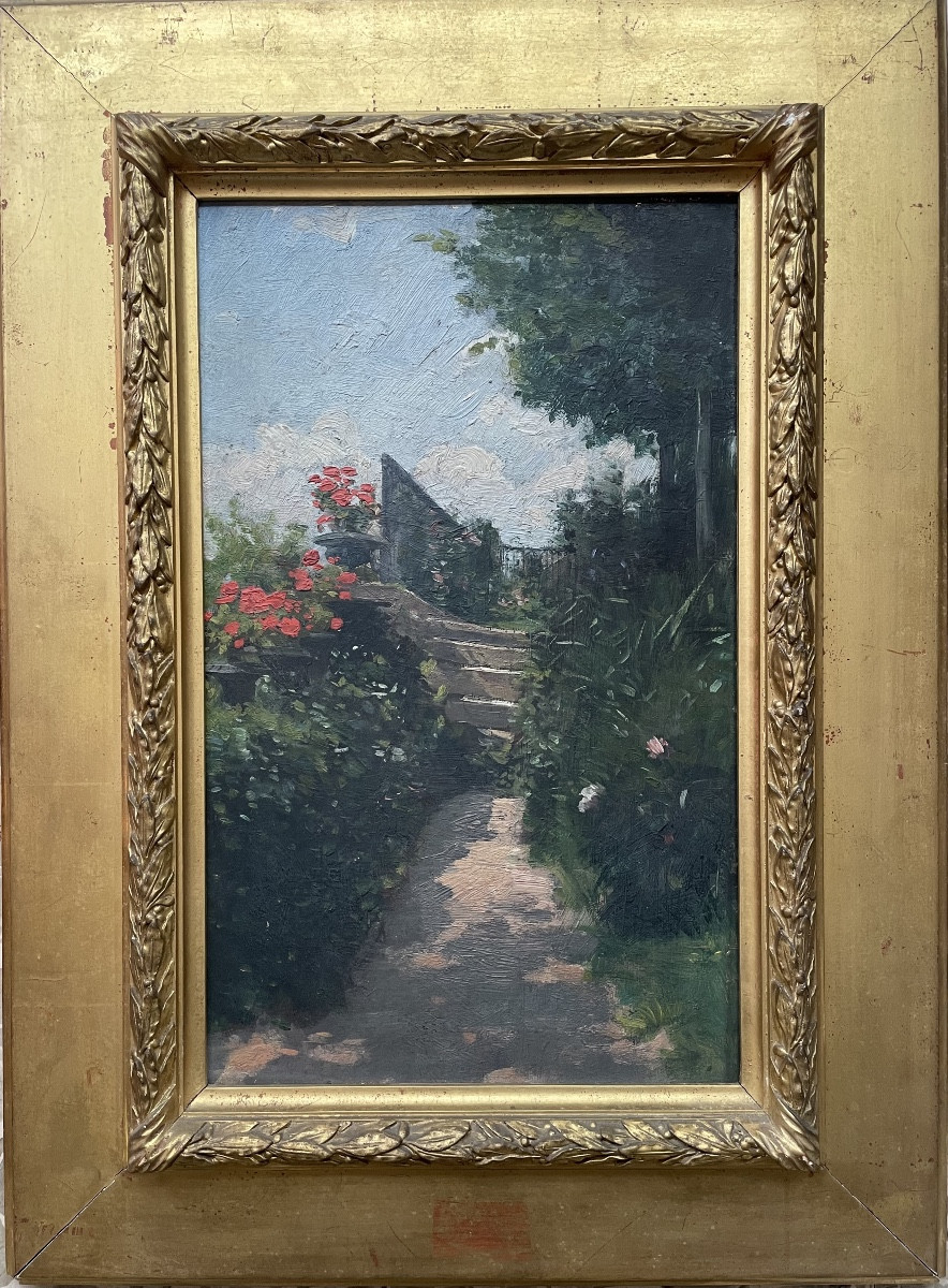 TABLEAU IMPRESSIONNISTE - VUE D'UN JARDIN AVEC TERRASSE - HUILE SUR PANNEAU DE BOIS-photo-2