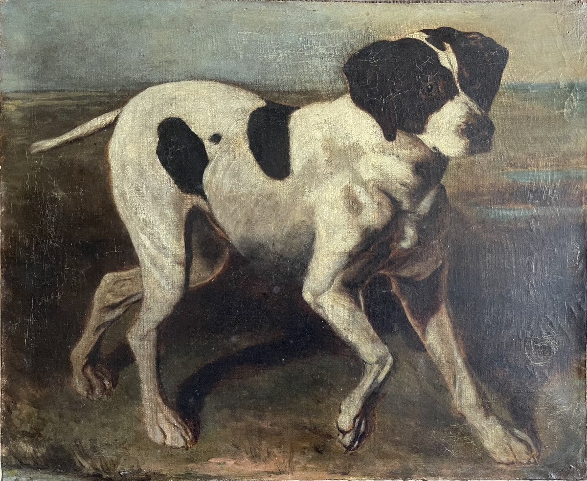 CHIEN DE CHASSE À L'ARRÊT - TOILE 19ème SIÈCLE EN RAPPORT AVEC JACQUES-LAURENT AGASSE - SUISSE-photo-2