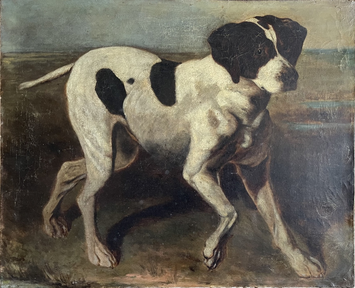 CHIEN DE CHASSE À L'ARRÊT - TOILE 19ème SIÈCLE EN RAPPORT AVEC JACQUES-LAURENT AGASSE - SUISSE