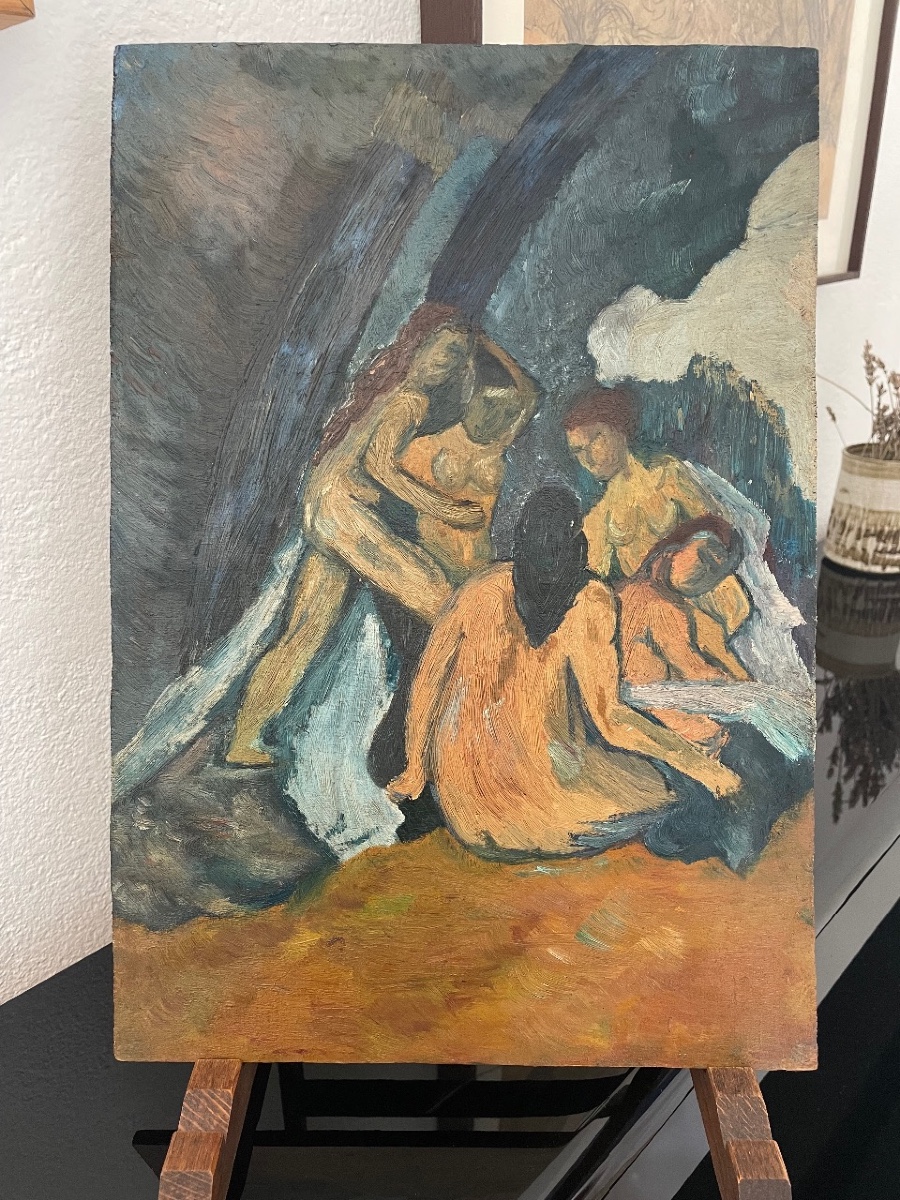ECOLE MODERNE - DANS LE GOÛT DE PAUL CEZANNE - NUS FEMININS - HUILE SUR PANNEAU-photo-2