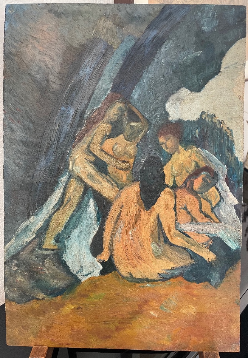 ECOLE MODERNE - DANS LE GOÛT DE PAUL CEZANNE - NUS FEMININS - HUILE SUR PANNEAU