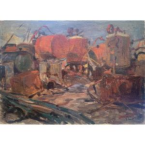 Jules Alexandre GRÜN (1868-1938) - UN DEPÔT DE FERRAILLE EN 1911 - SUJET INSOLITE - HUILE