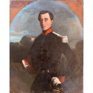 Portrait Of A Young Man In Military Costume - Oil On Canvas 19th Century