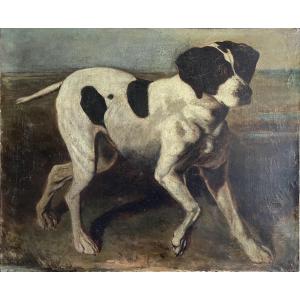 CHIEN DE CHASSE À L'ARRÊT - TOILE 19ème SIÈCLE EN RAPPORT AVEC JACQUES-LAURENT AGASSE - SUISSE