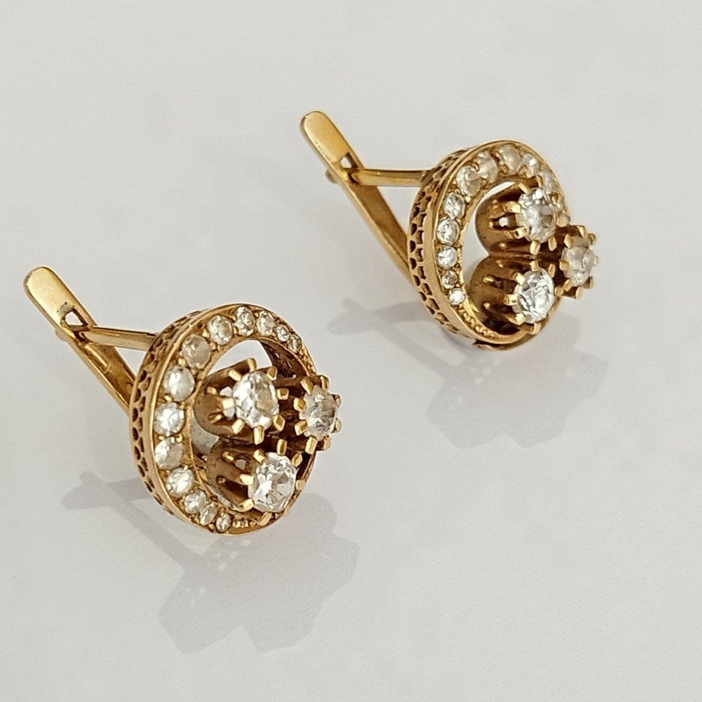Boucles D’oreilles Or Jaune 18k Et Diamants. Années 1900.-photo-5