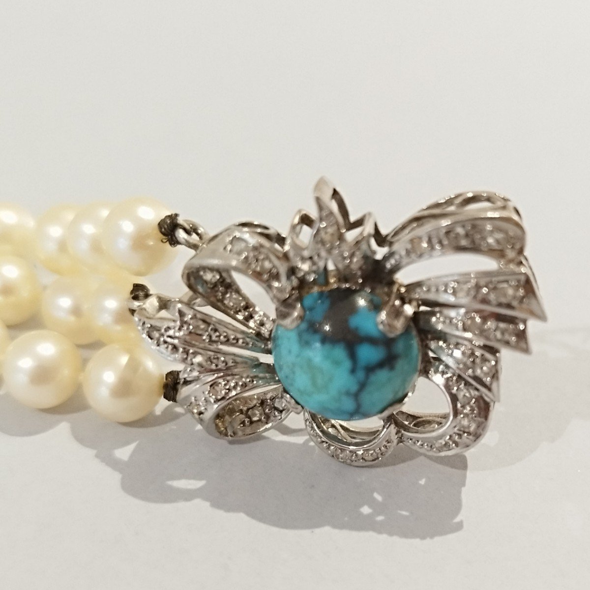 Bracelet En Perles De Cultues, Fermoir En Or Blanc 18 Carats, Diamants Et Turquoise.-photo-5