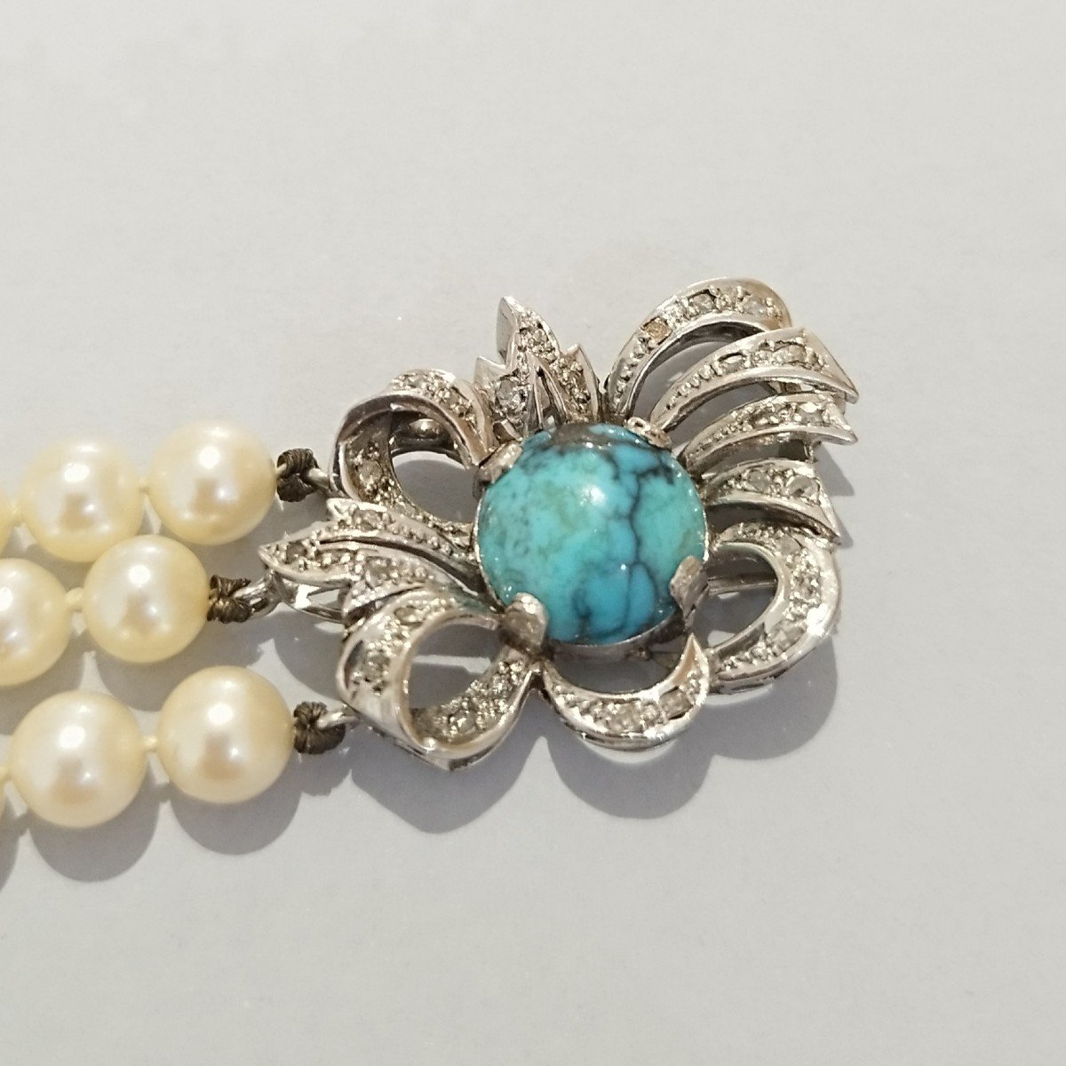 Bracelet En Perles De Cultues, Fermoir En Or Blanc 18 Carats, Diamants Et Turquoise.-photo-6