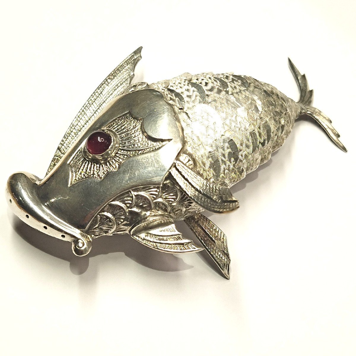 Poisson Articulé En Argent. Salière. Espagne, 1900.-photo-3