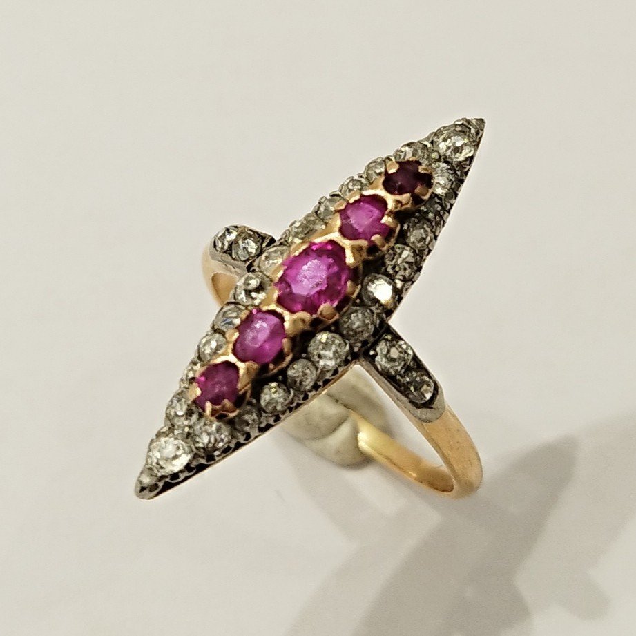 Marquise Ring From The 1850s. In 18-karat Gold And Platinum, Old Cut Diamonds And Rubies-photo-2