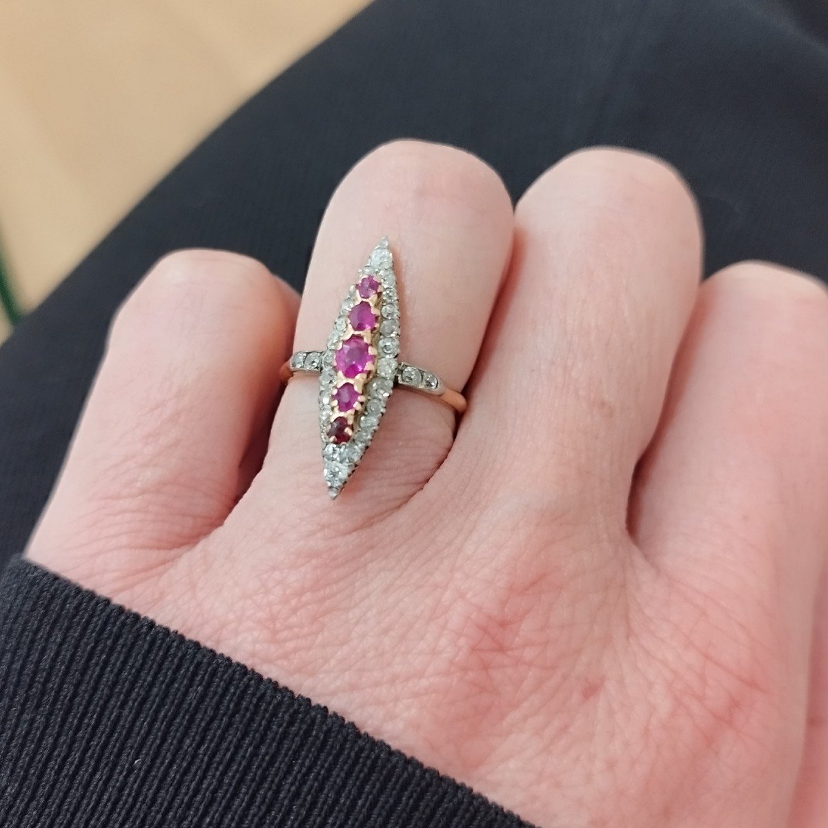 Marquise Ring From The 1850s. In 18-karat Gold And Platinum, Old Cut Diamonds And Rubies-photo-1