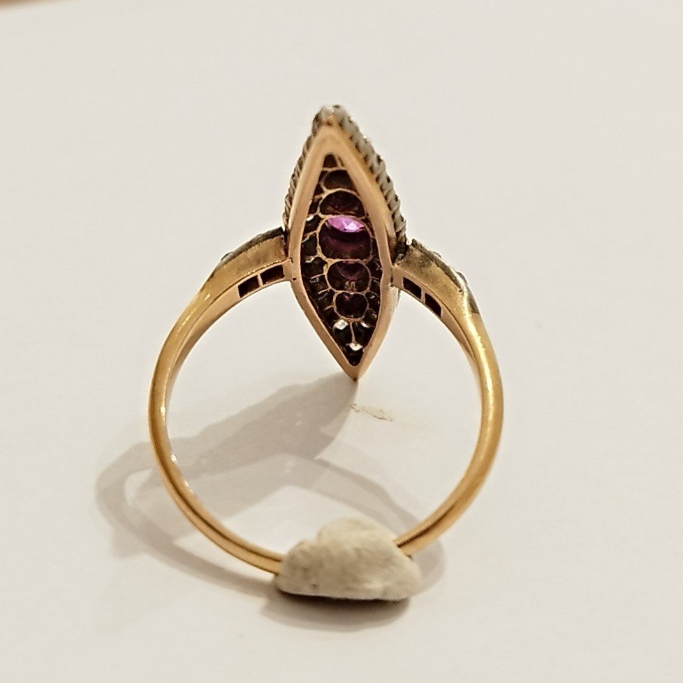 Marquise Ring From The 1850s. In 18-karat Gold And Platinum, Old Cut Diamonds And Rubies-photo-2