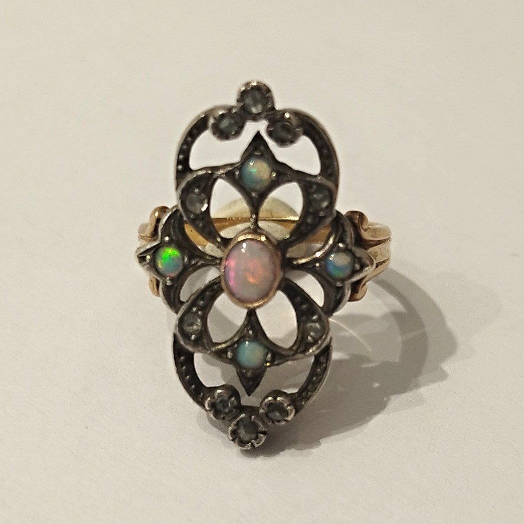 18k Yellow Gold And Silver Ring, Rose Cut Diamonds And Opals. Late 1800.-photo-2