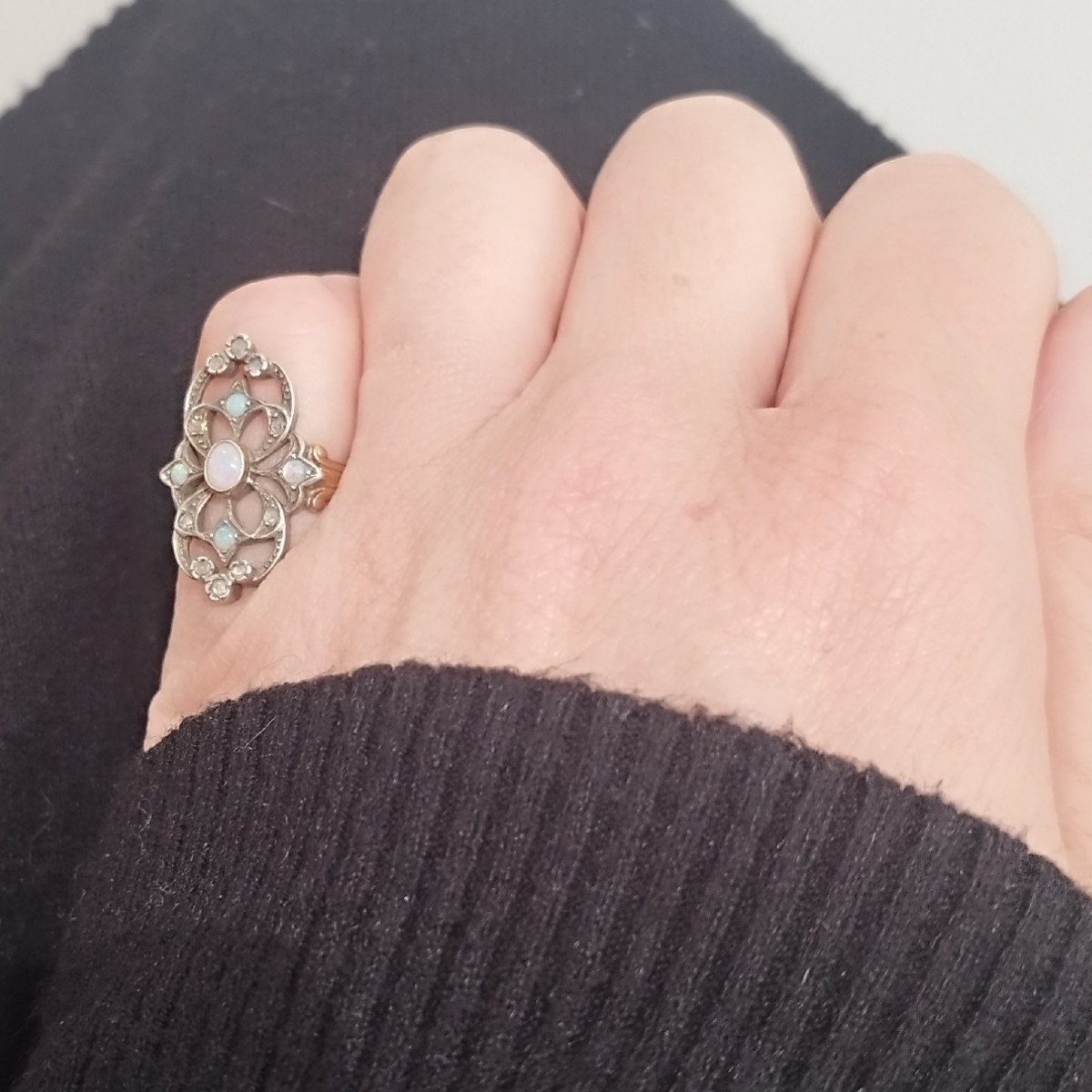 Bague Or Jaune 18k Et Argent, Diamants Taille Rose Et Opales. Fin 1800.-photo-3