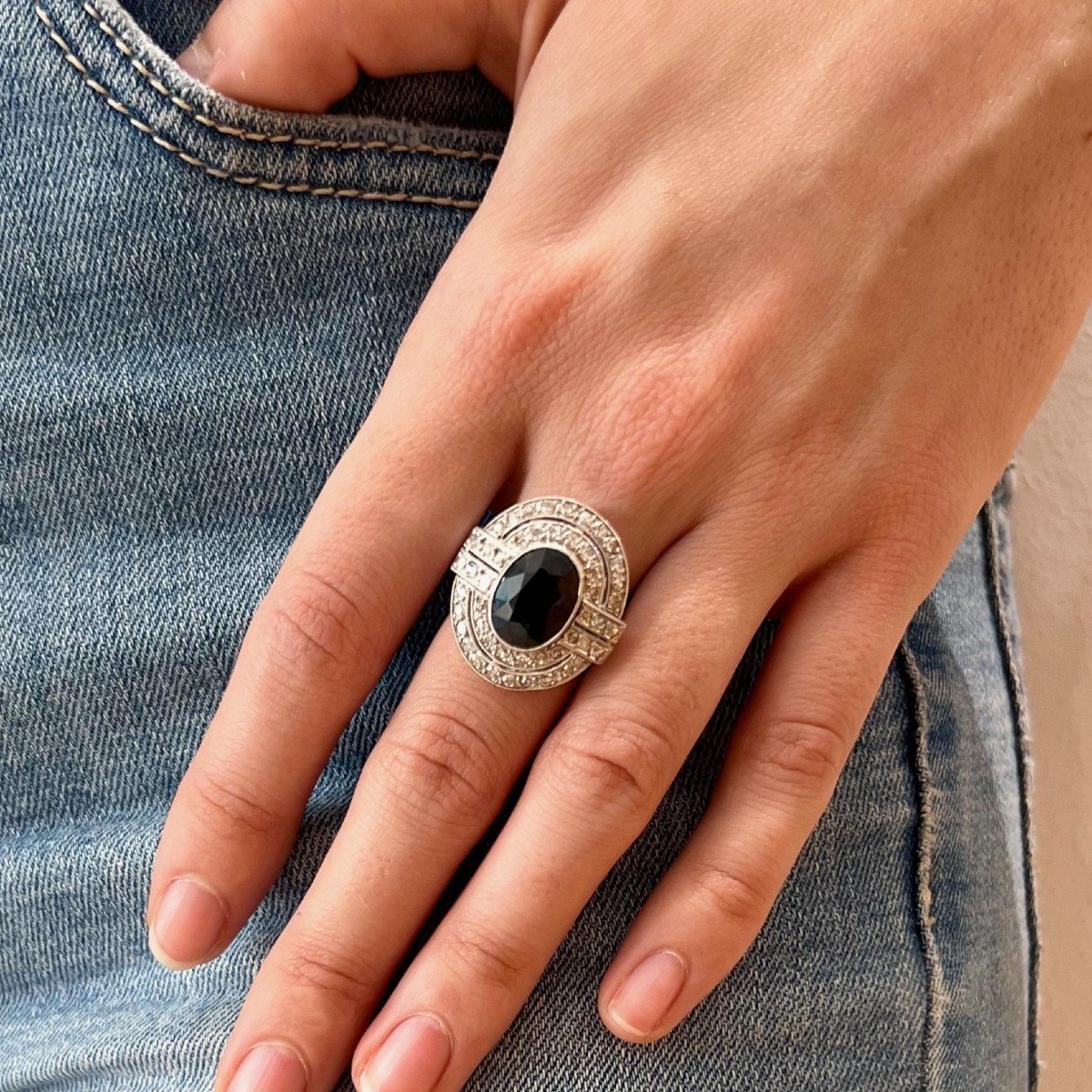 Bague Art Déco Saphir Et Diamants, Platine.-photo-2
