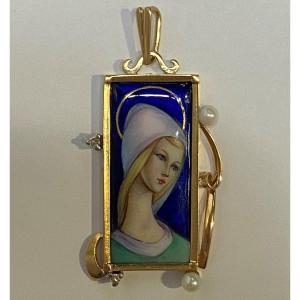 Médaille Religieuse En Or 16 Carats. Émail, Perles Et Diamants. Années 1950.