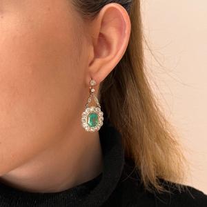 Antique Earrings (1900). Emerald And Old Cut Diamonds