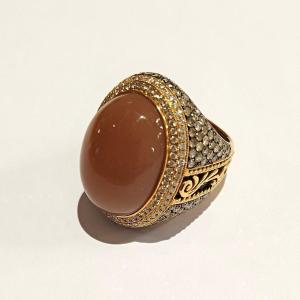 Imposing Signet Ring In Rose Gold, Aventurine And Diamonds