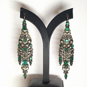 Catalan Earrings From The End Of The 18th Century. Diamonds, Emeralds, 18k Gold And Silver.