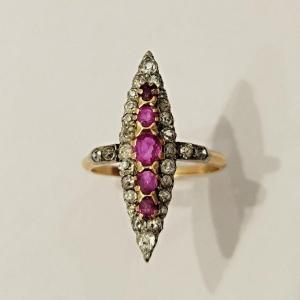 Marquise Ring From The 1850s. In 18-karat Gold And Platinum, Old Cut Diamonds And Rubies