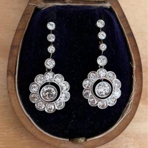 Boucles D’oreilles Or 18k Et Platine, Diamants Taille Ancienne. Années 1900. 