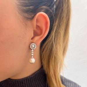 Boucles D’oreilles En Diamants Taille Brillant Moderne Et Perles. Or Blanc 18 Carats.