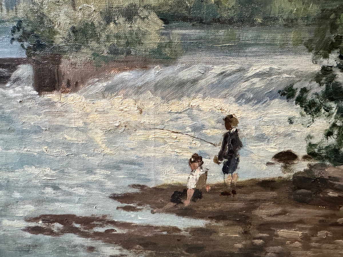 Auguste DANDOY «Jeunes pêcheurs à la ligne » 1892 peinture huile sur toile 60x80 cm-photo-2