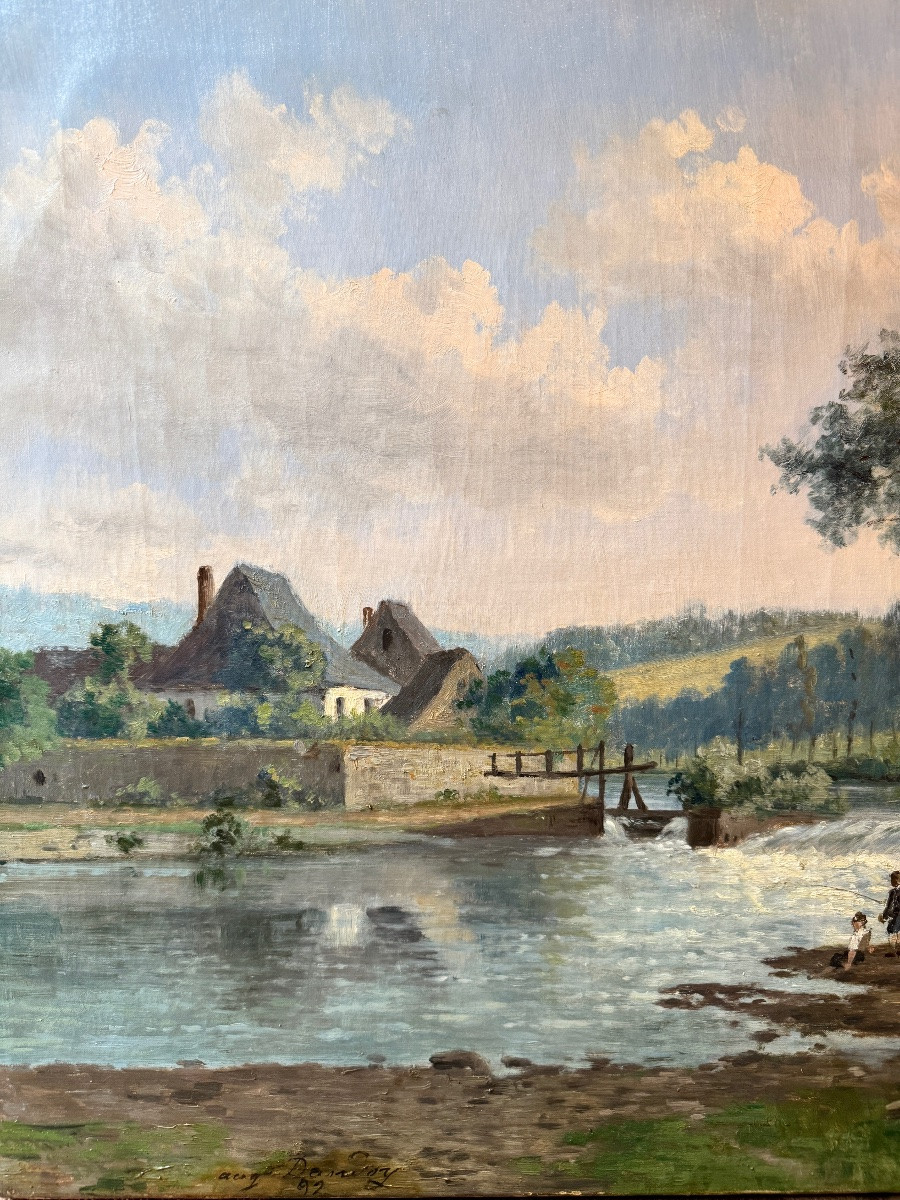 Auguste DANDOY «Jeunes pêcheurs à la ligne » 1892 peinture huile sur toile 60x80 cm-photo-1