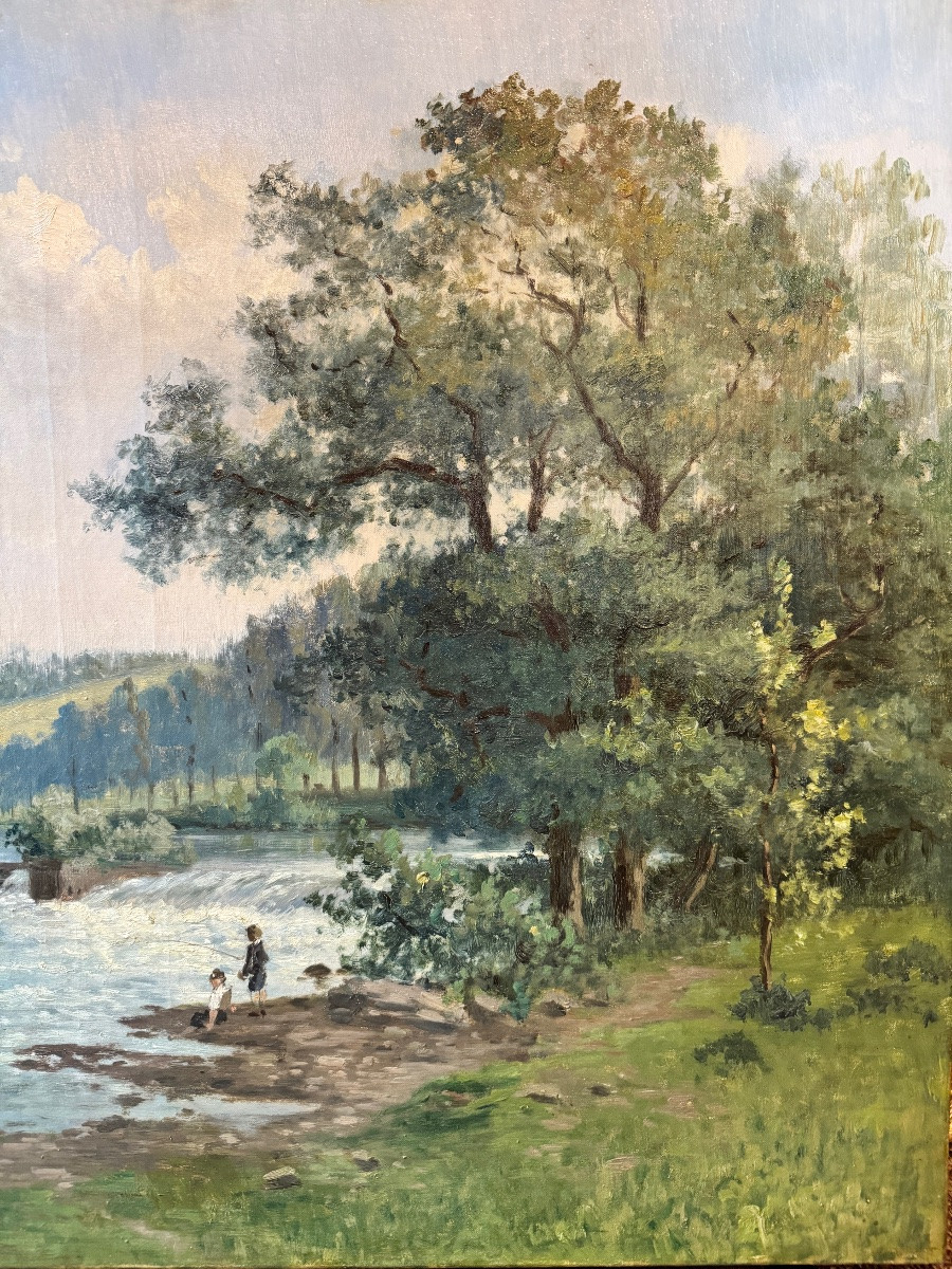 Auguste DANDOY «Jeunes pêcheurs à la ligne » 1892 peinture huile sur toile 60x80 cm-photo-2