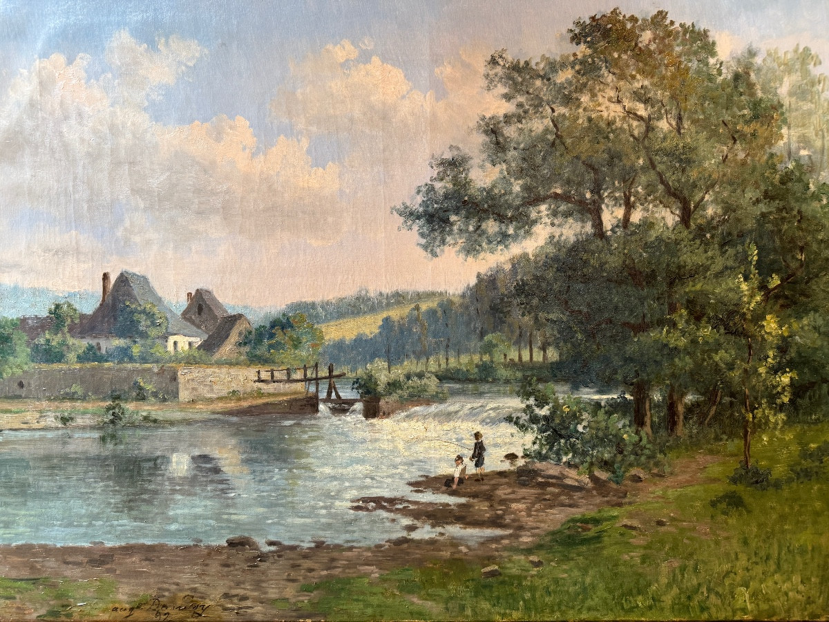 Auguste DANDOY «Jeunes pêcheurs à la ligne » 1892 peinture huile sur toile 60x80 cm
