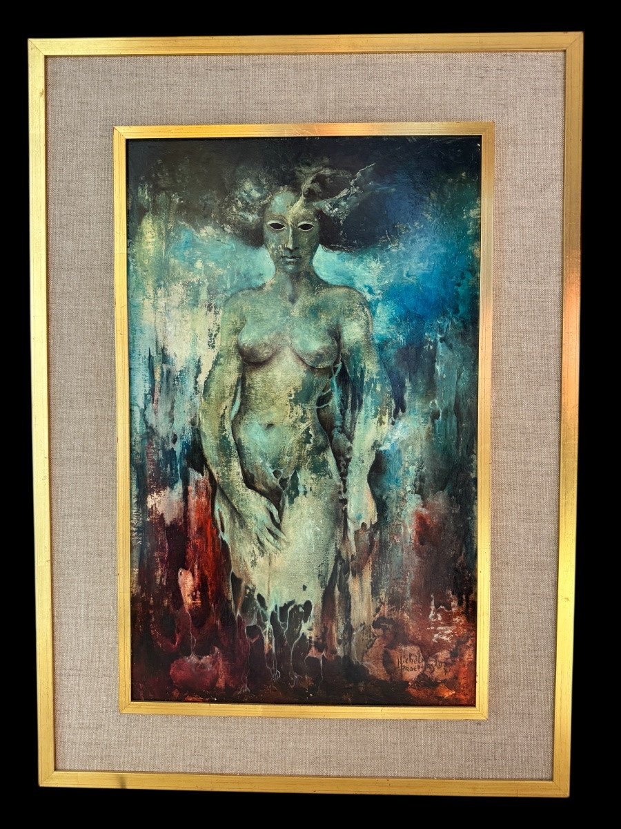 Michèle BROEDERS « Nu fantastique » 1971 peinture huile surréaliste 49x30 cm-photo-2