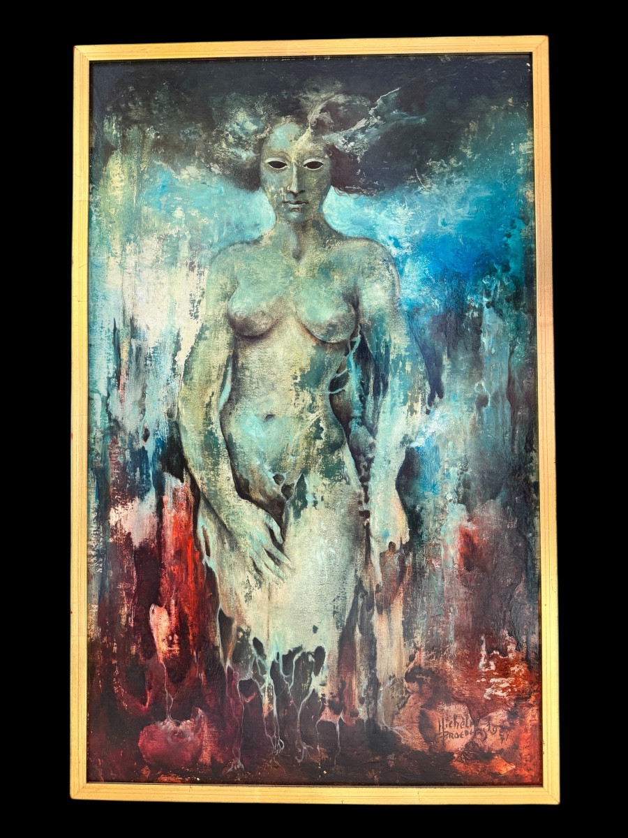 Michèle BROEDERS « Nu fantastique » 1971 peinture huile surréaliste 49x30 cm