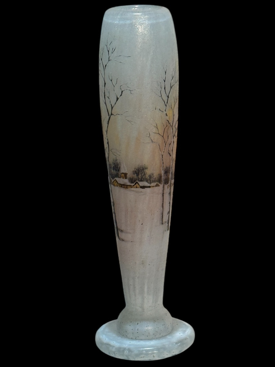 Vase DAUM Nancy verre gravé émaillé époque vers 1900 décor paysage hivernal ht 16 cm-photo-2
