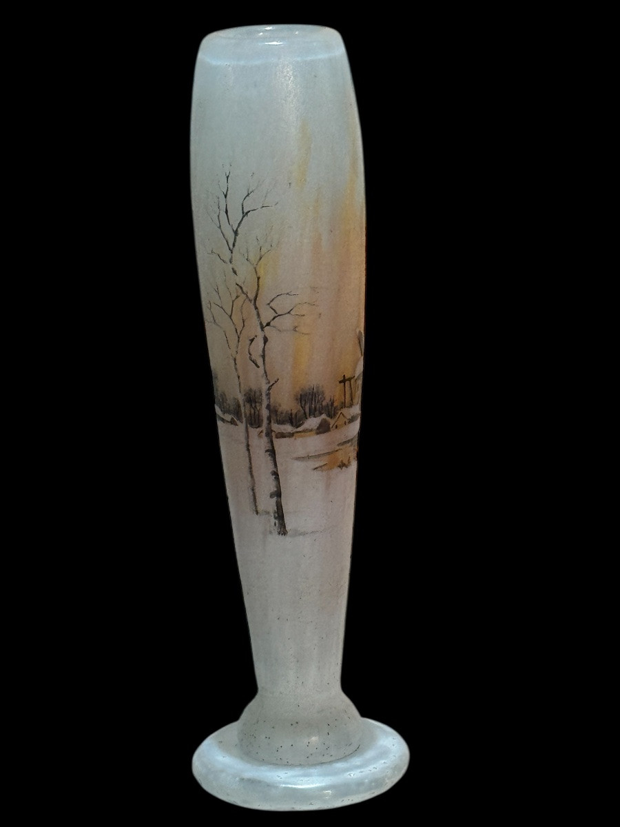Vase DAUM Nancy verre gravé émaillé époque vers 1900 décor paysage hivernal ht 16 cm-photo-4