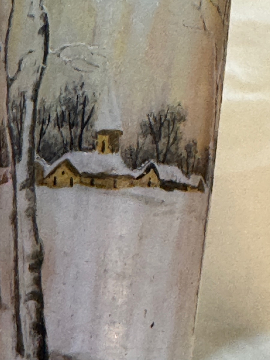 Vase DAUM Nancy verre gravé émaillé époque vers 1900 décor paysage hivernal ht 16 cm-photo-7