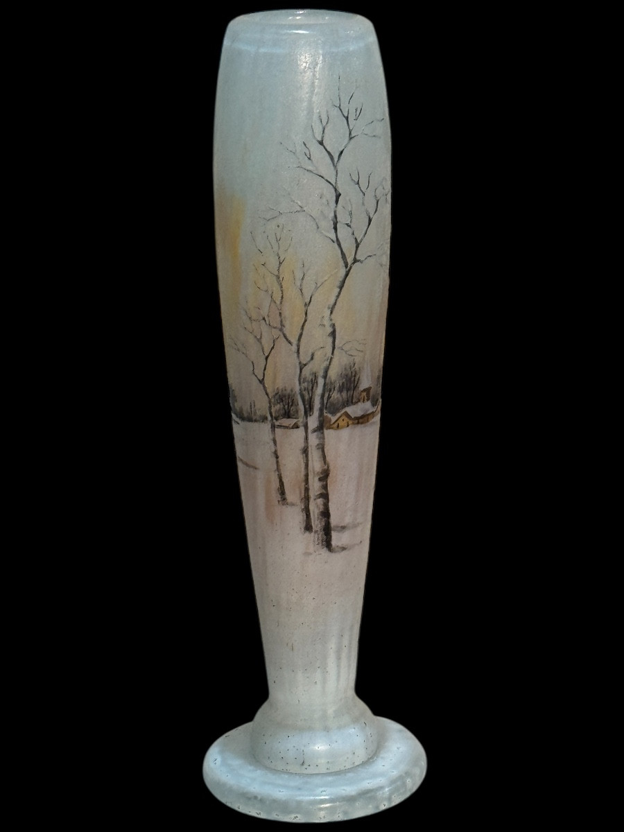 Vase DAUM Nancy verre gravé émaillé époque vers 1900 décor paysage hivernal ht 16 cm