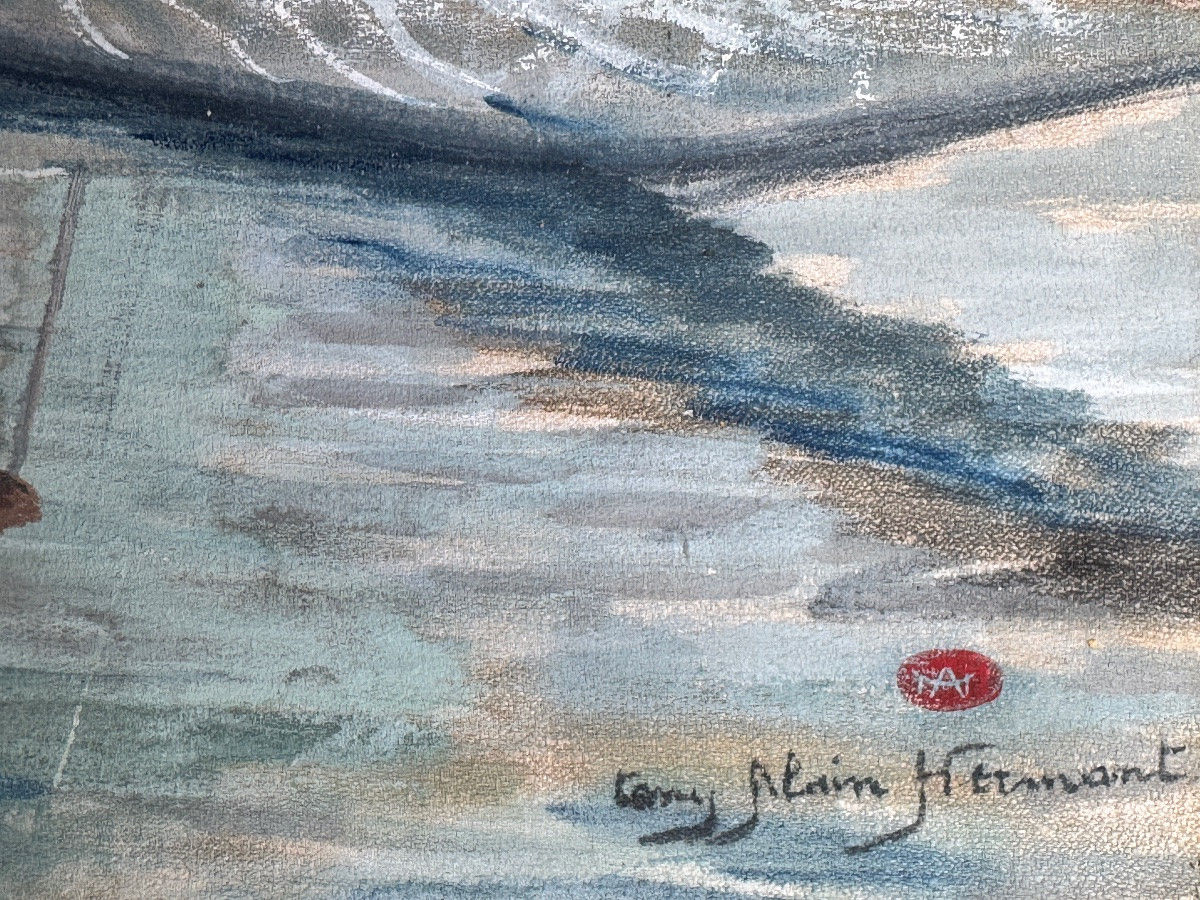 Tony Alain Hermant (1880-1939): "sailboats In Port" Mixed Media Painting On Canvas-photo-4