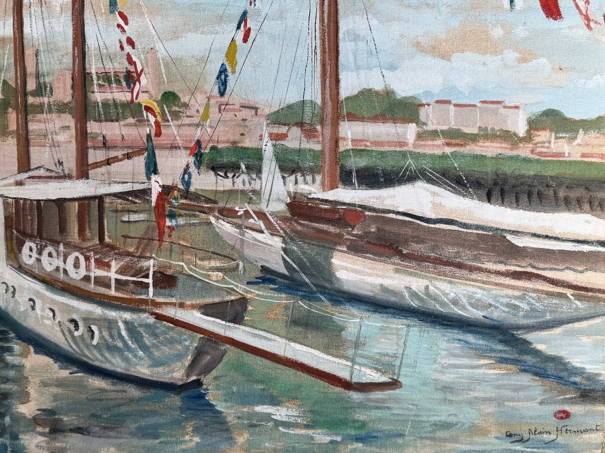 Tony Alain Hermant (1880-1939): "sailboats In Port" Mixed Media Painting On Canvas