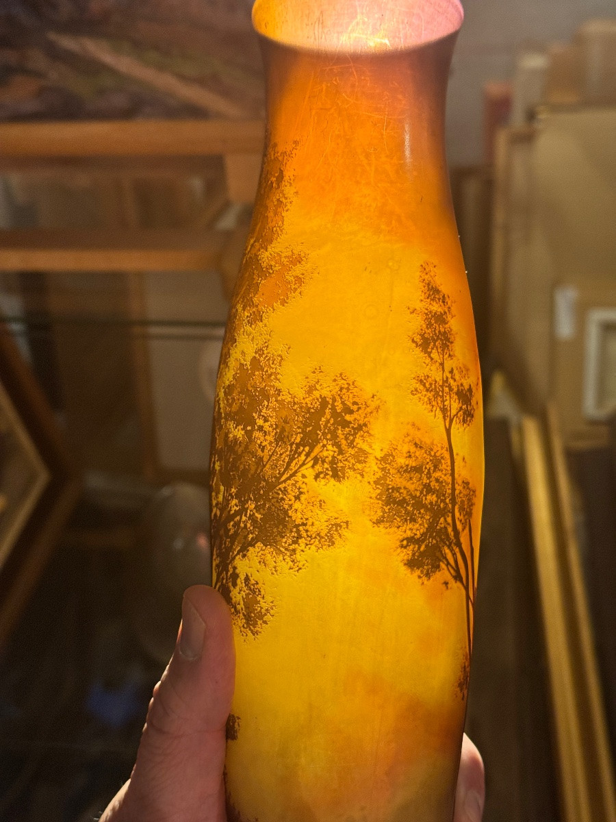 Grand vase d’Argental cristal gravé multicouche paysage avec personnages ht 38 cm -photo-8