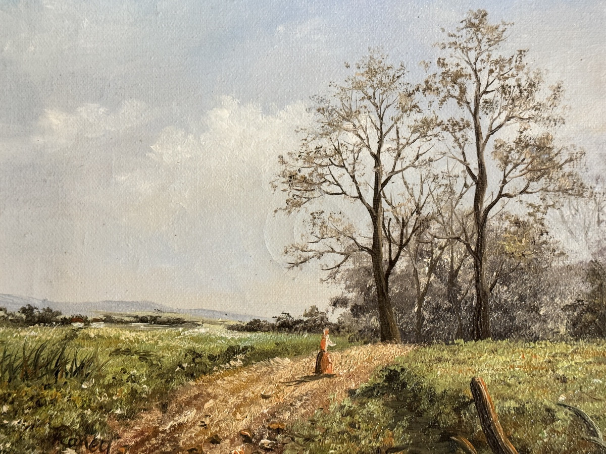 Oil On Canvas, Animated Landscape, Signed Raney. 20 X 26 Cm 