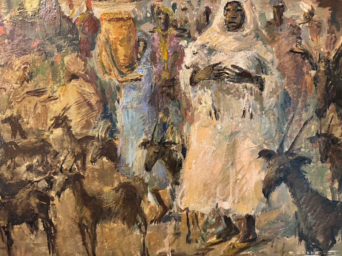 Paul Daxhelet “oriental Market” Orientalist Painting 31x41 Cm