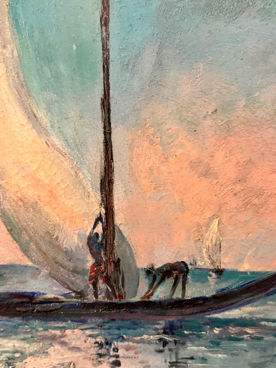 Paul DAXHELET (1905-1993): « Pêcheurs à Zanzibar » peinture huile sur panneau 30x40 cm-photo-2