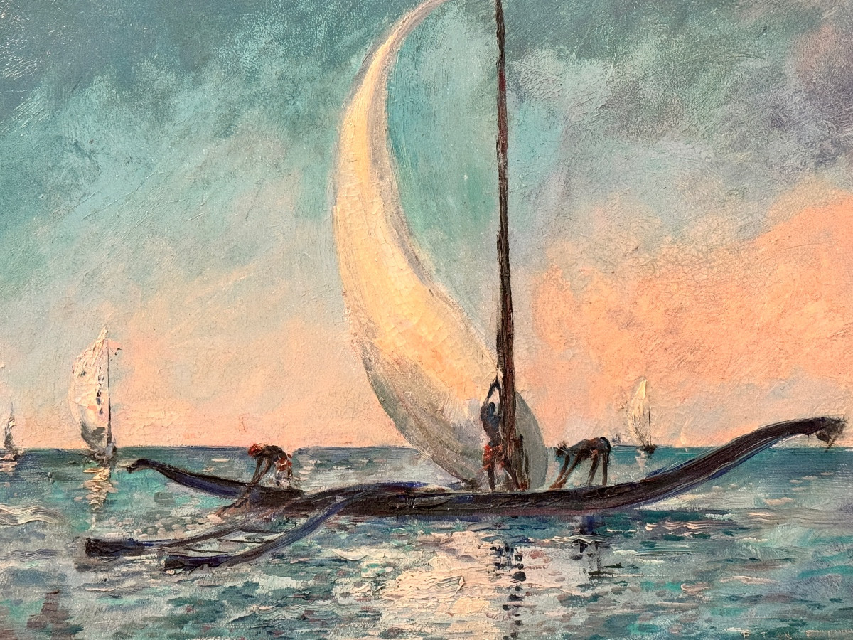Paul DAXHELET (1905-1993): « Pêcheurs à Zanzibar » peinture huile sur panneau 30x40 cm