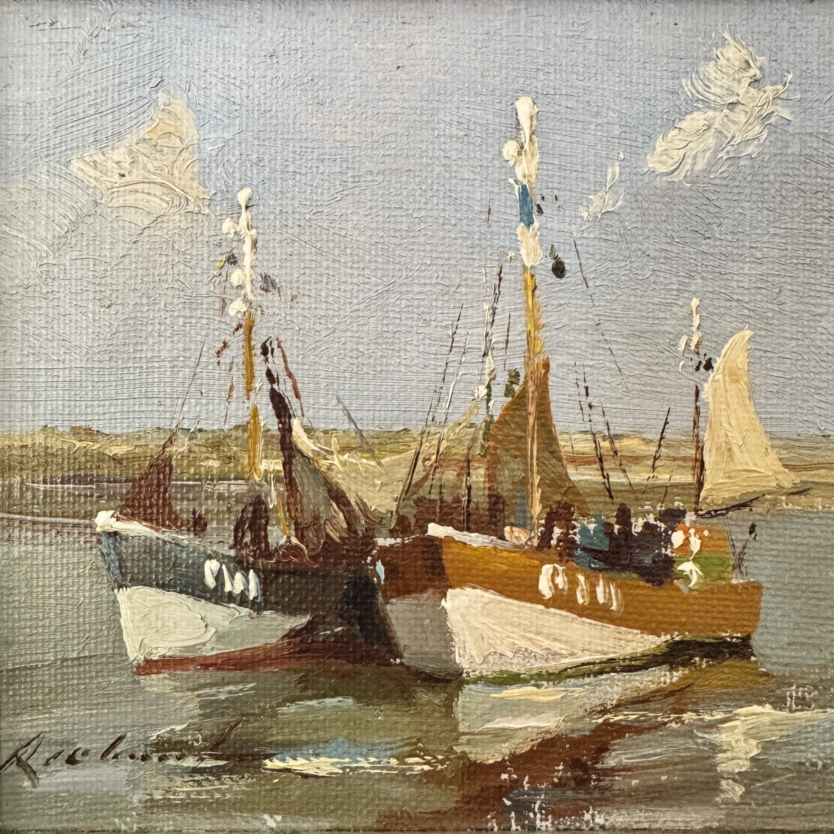 Small Marine Painting, Signed, Oil On Canvas Mounted On Canvas, "trawlers In Port"-photo-2