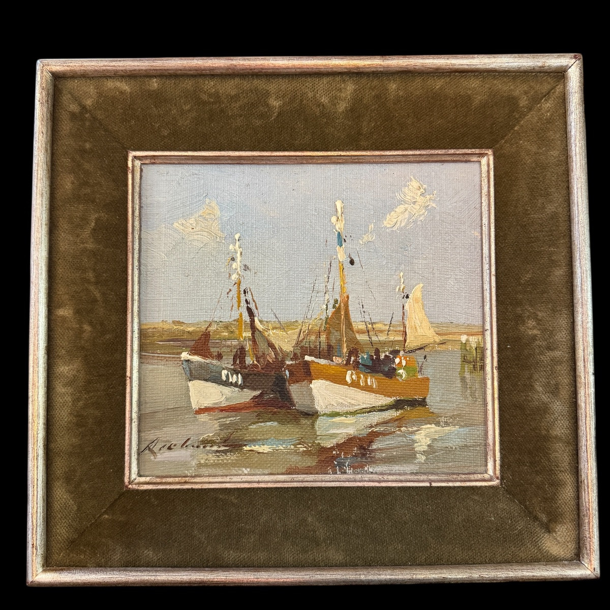 Small Marine Painting, Signed, Oil On Canvas Mounted On Canvas, "trawlers In Port"-photo-3