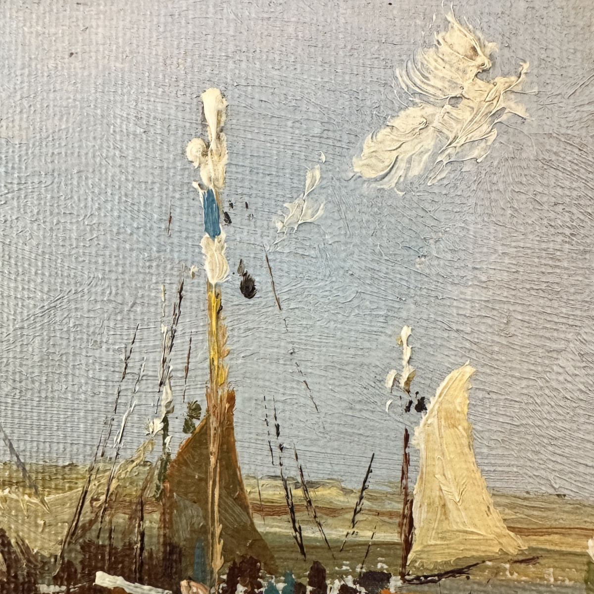 Small Marine Painting, Signed, Oil On Canvas Mounted On Canvas, "trawlers In Port"-photo-1