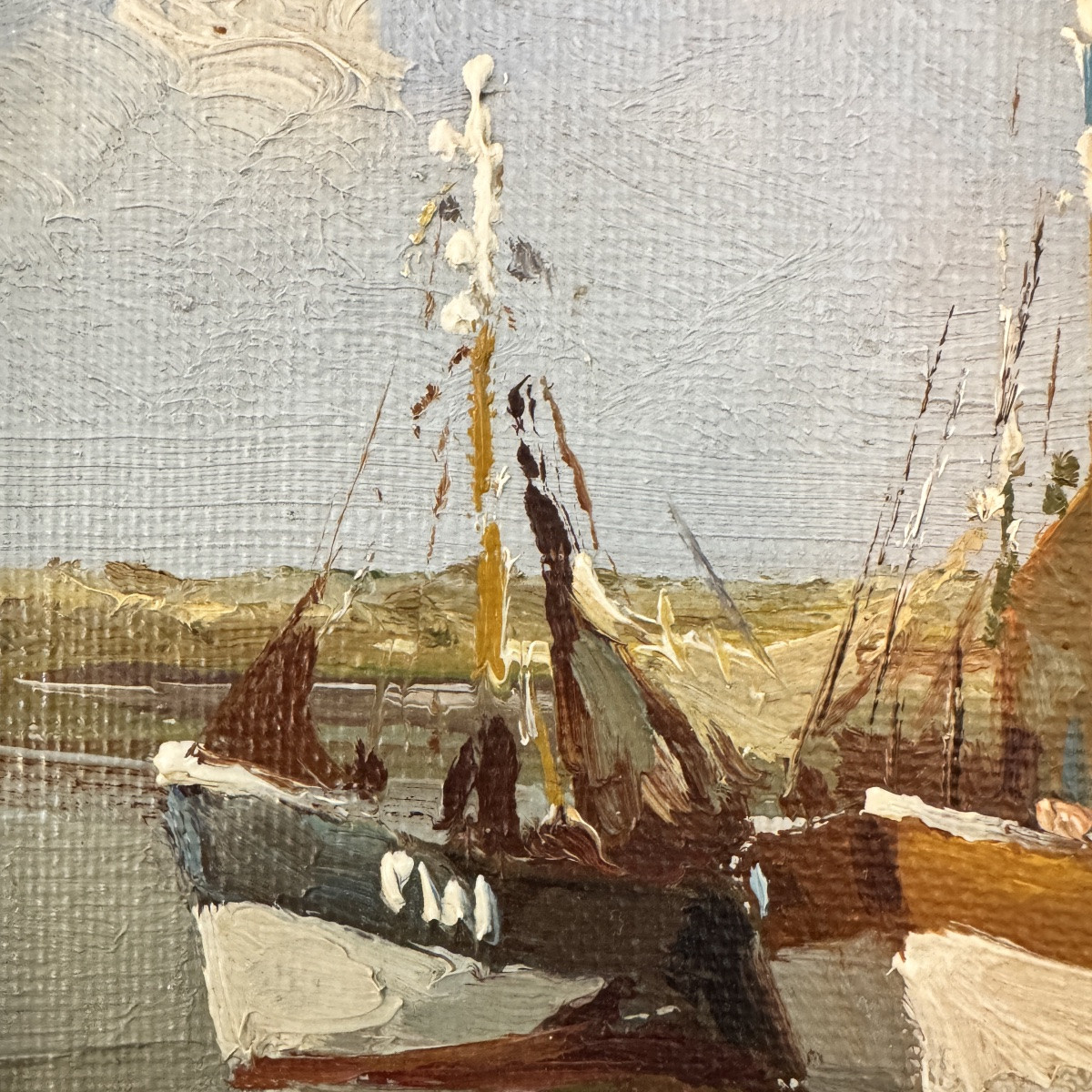 Small Marine Painting, Signed, Oil On Canvas Mounted On Canvas, "trawlers In Port"-photo-2