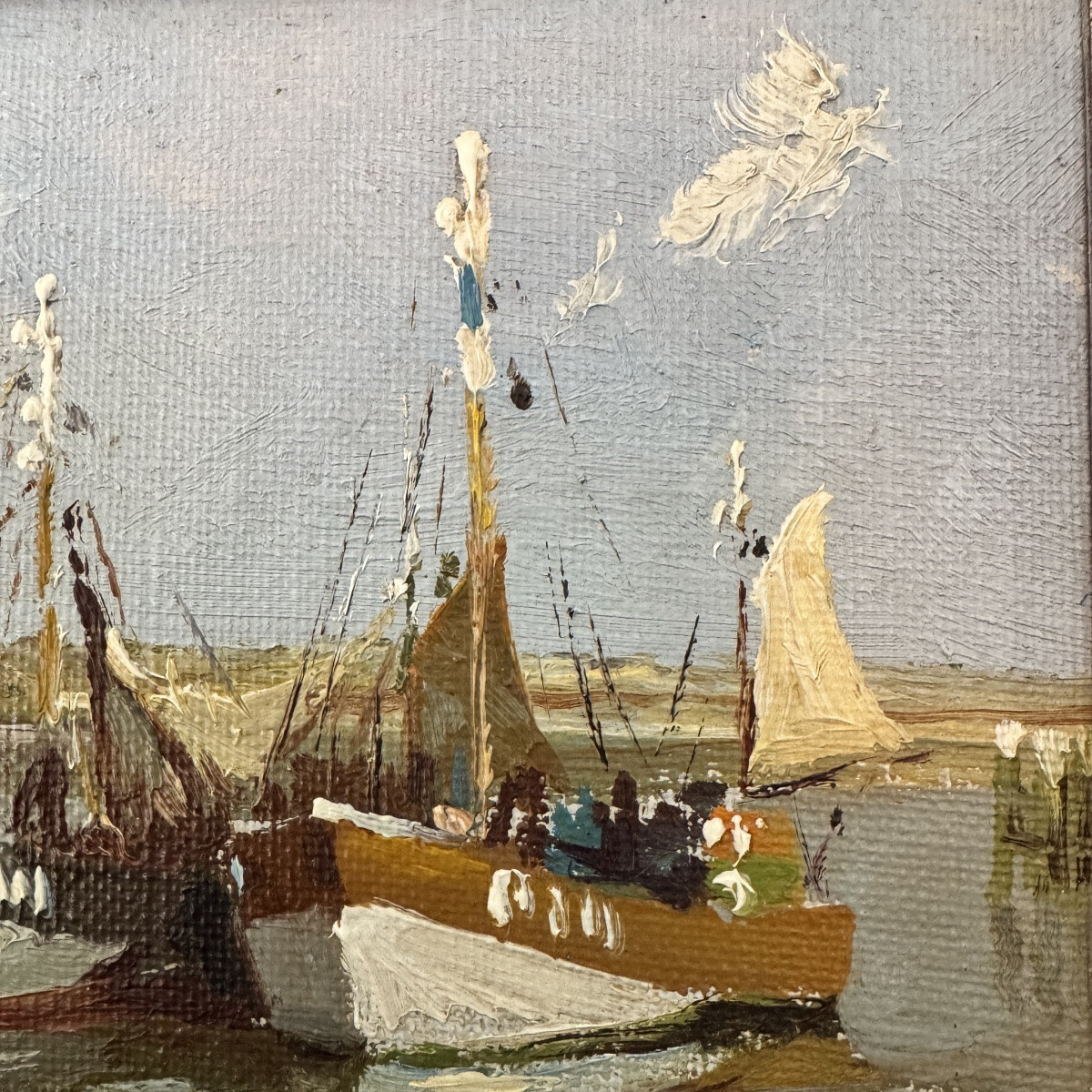 Small Marine Painting, Signed, Oil On Canvas Mounted On Canvas, "trawlers In Port"-photo-3