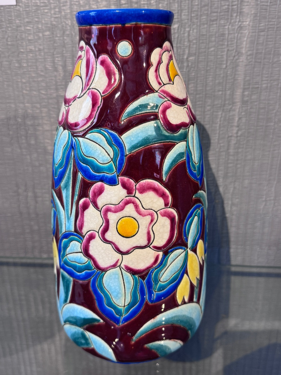 Vase Keramis Manufacture Boch Art Deco Floral Design-photo-3