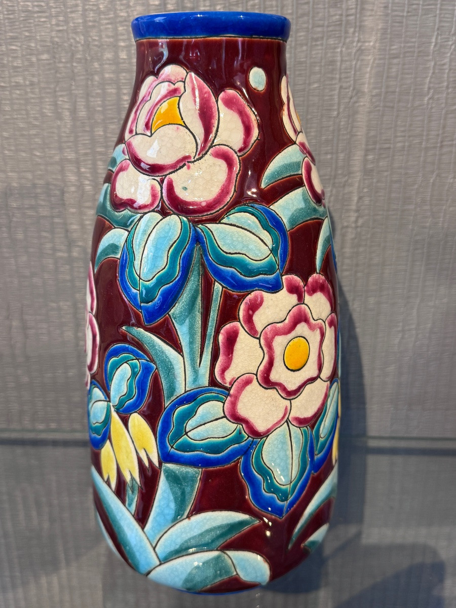 Vase Keramis Manufacture Boch Art Deco Floral Design-photo-4